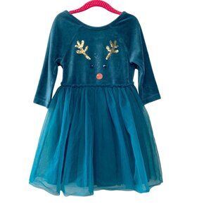 MINI BODEN Reindeer Dress Girls 5-6 5T 116cm Green Velour Tulle Christmas Girl